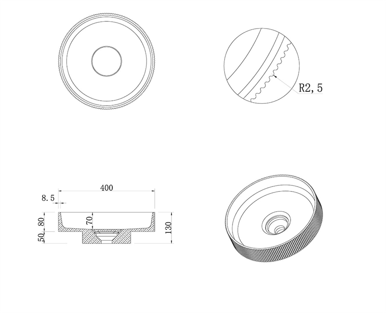 Раковина накладная Ø40 см ArmadiArt Sole Corian 801-R-MW