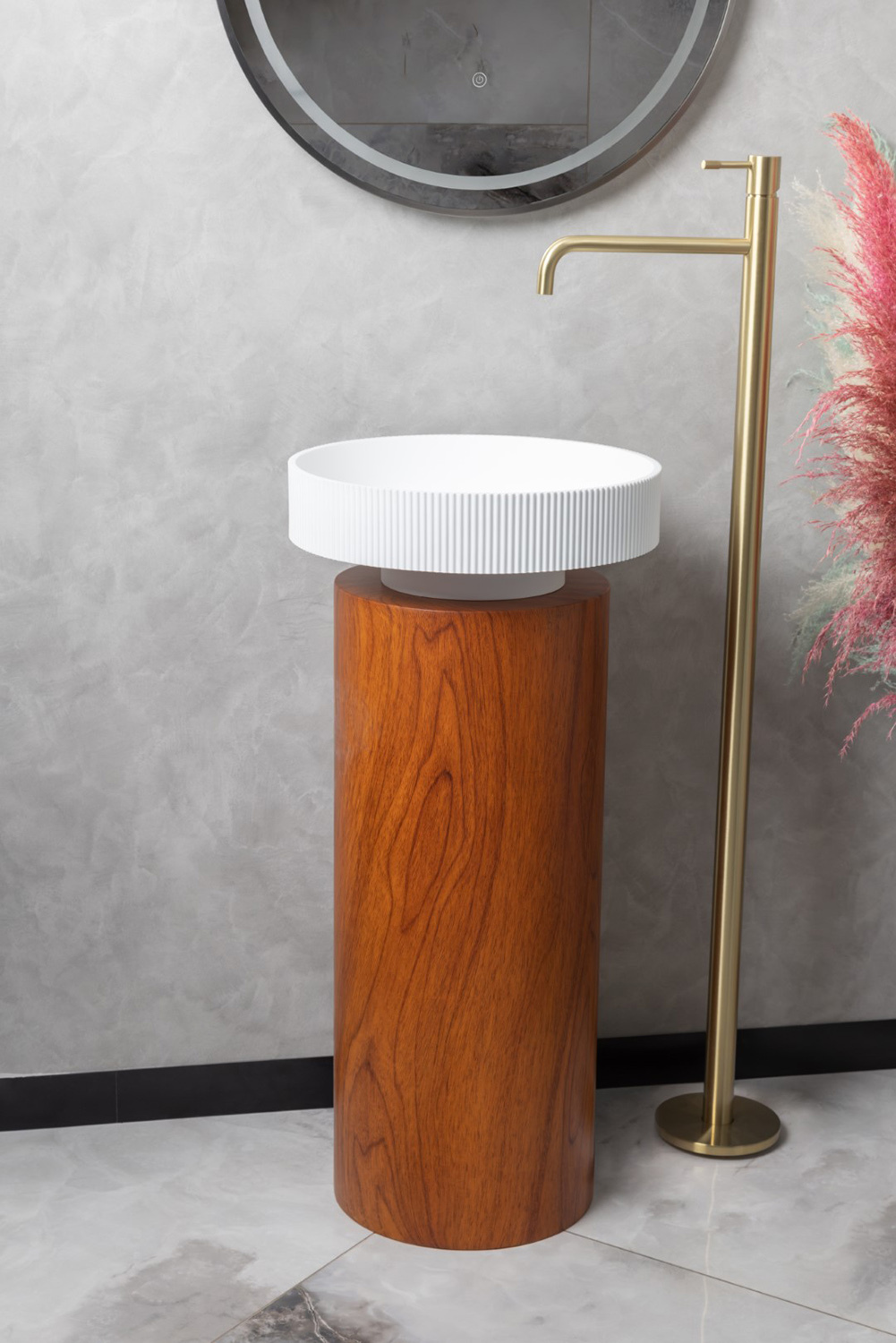 Раковина Ø40 см на пьедестале ArmadiArt Sole Corian 801-R-MW+801-Base-Rwood